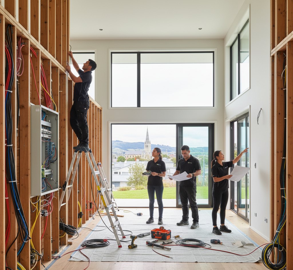 Expert electricians performing full home rewiring in Christchurch with new circuits and panels installed in a modern residence