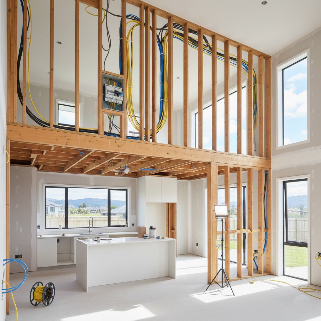 Full home rewiring during electrical renovation in Christchurch with visible cabling and kitchen area.