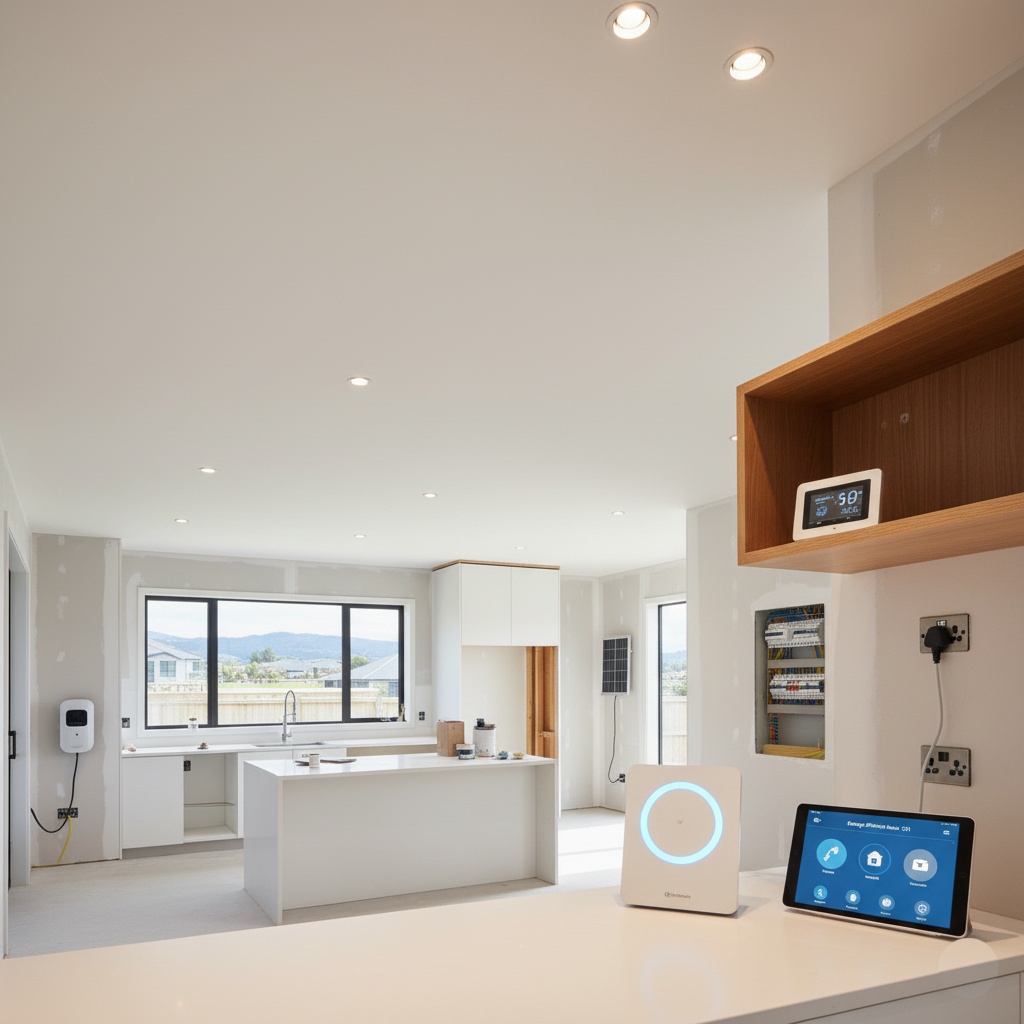 Smart home and energy-efficient system setup in modern Christchurch kitchen with control devices.