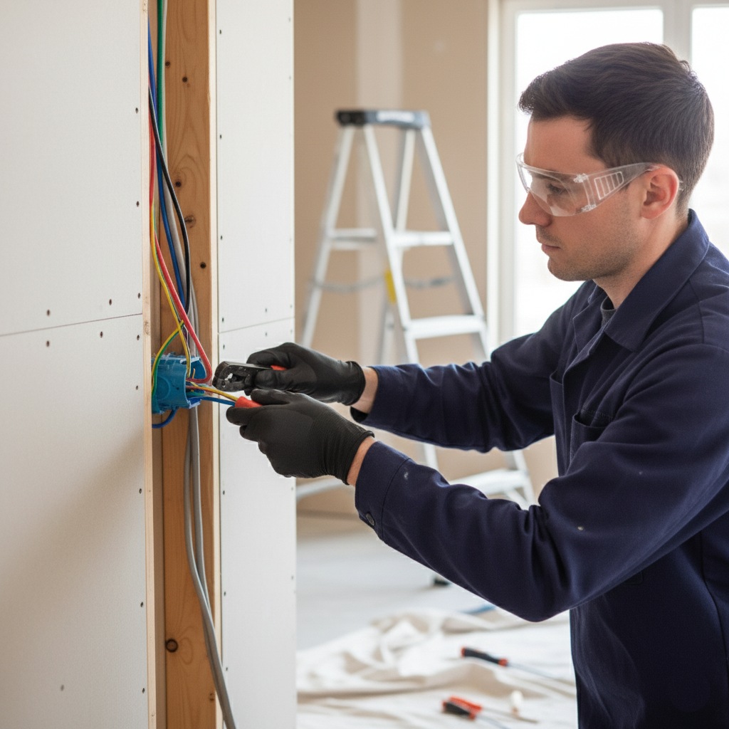 Electrician connecting new wiring during home rewiring in Christchurch
