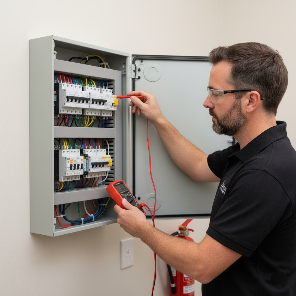 Electrician testing upgraded switchboard for safety improvements