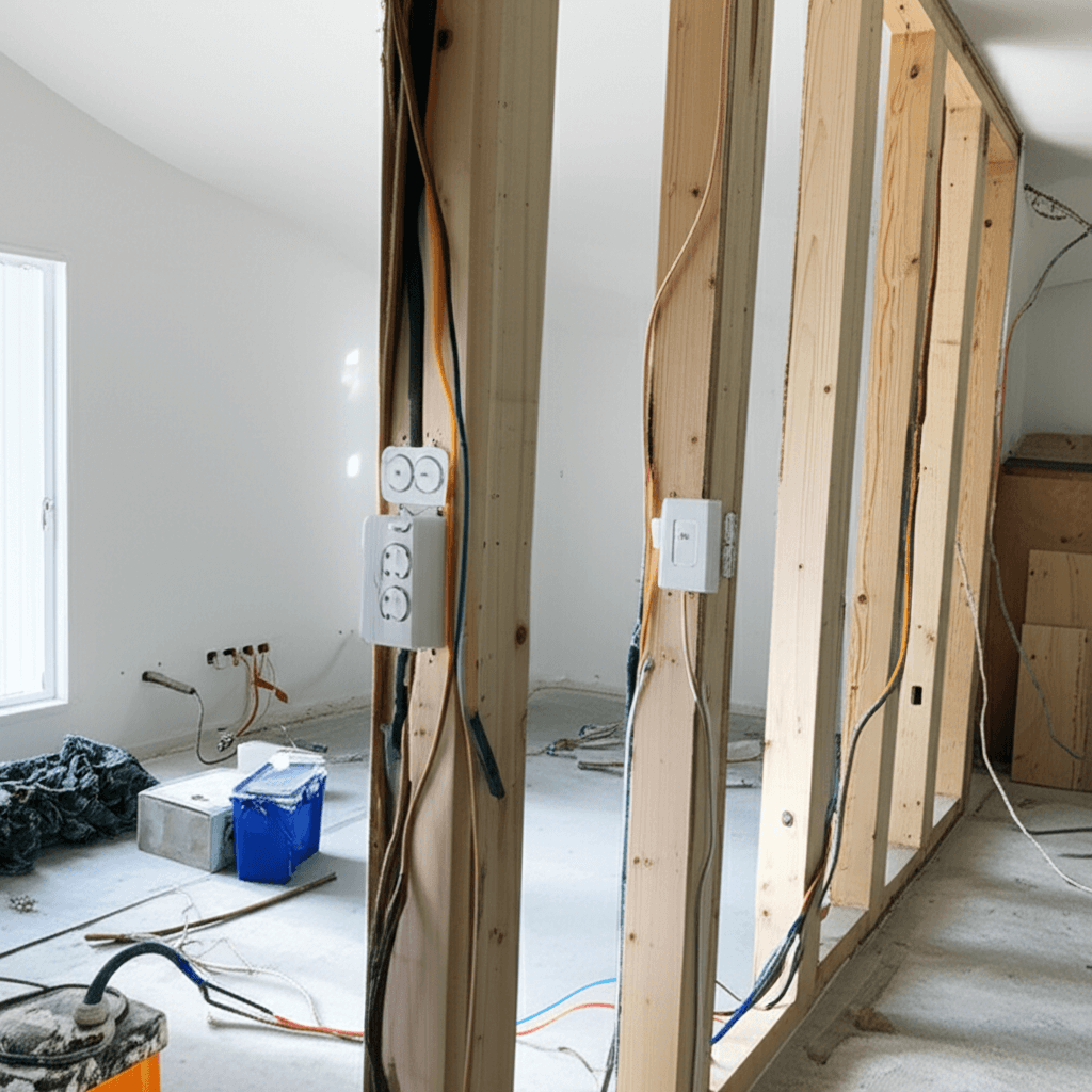 Kitchen renovation showing electrical wiring and power point installation