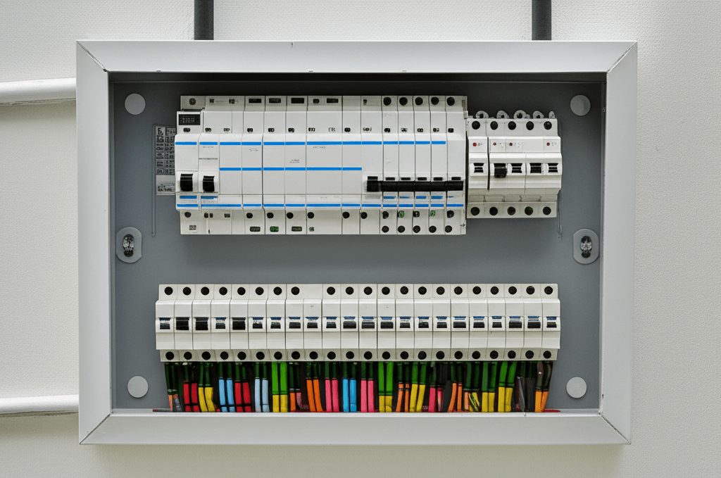 Modern residential switchboard with circuit breakers and RCDs