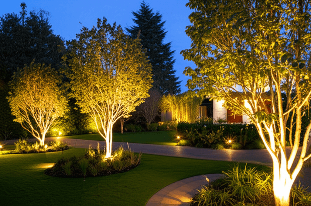 Outdoor garden lighting at dusk in Christchurch home