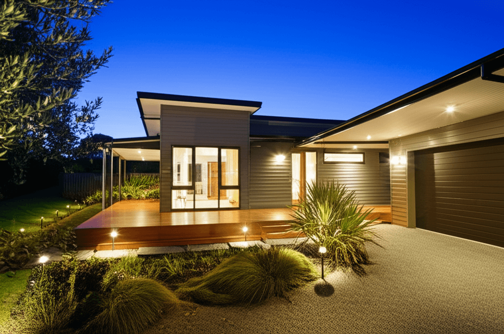 Christchurch home exterior at dusk with outdoor pathway and security lighting