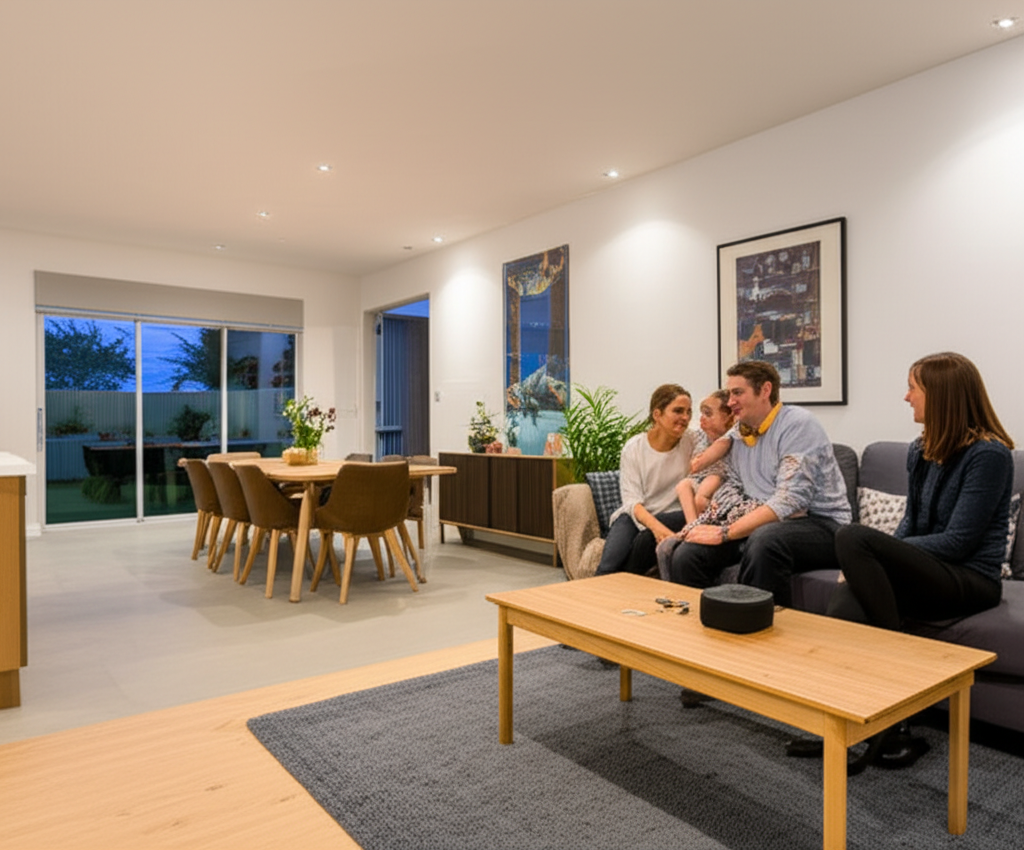 Christchurch smart home living room with automated LED lighting and voice control