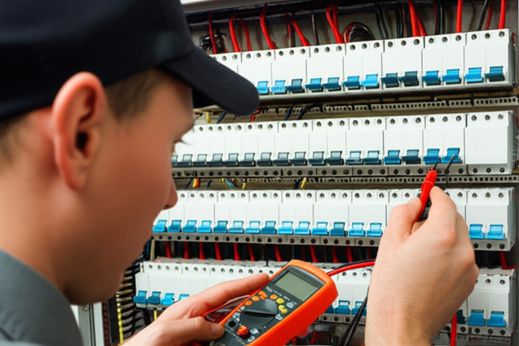 Electrician testing a labelled switchboard during an electrical inspection in Christchurch