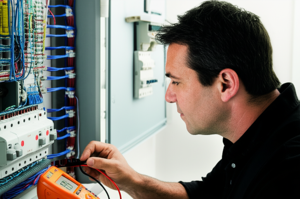 Electrician performing EICR testing on switchboard in Christchurch home