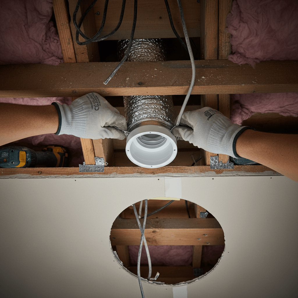 Flexible ducting being connected to a bathroom extractor fan through a ceiling cavity