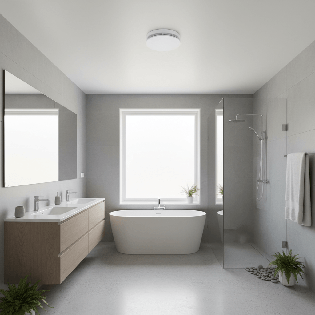 Modern bathroom with ceiling-mounted white extractor fan in a New Zealand home