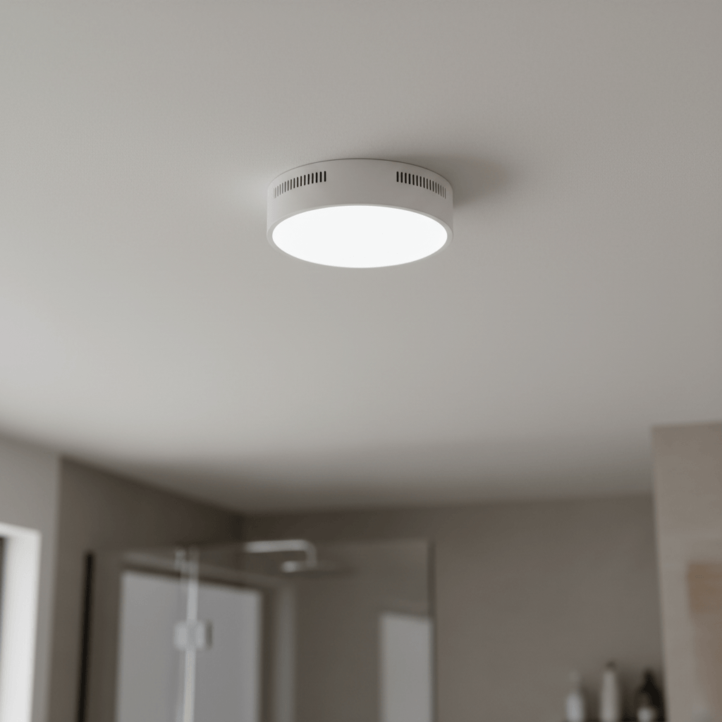 Modern bathroom fan with integrated LED light installed in white ceiling