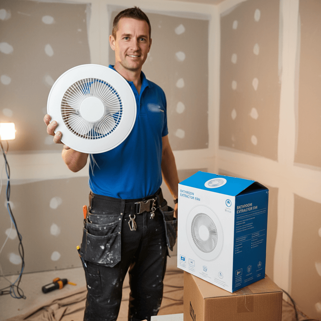 Electrician holding a new bathroom extractor fan unit before installation