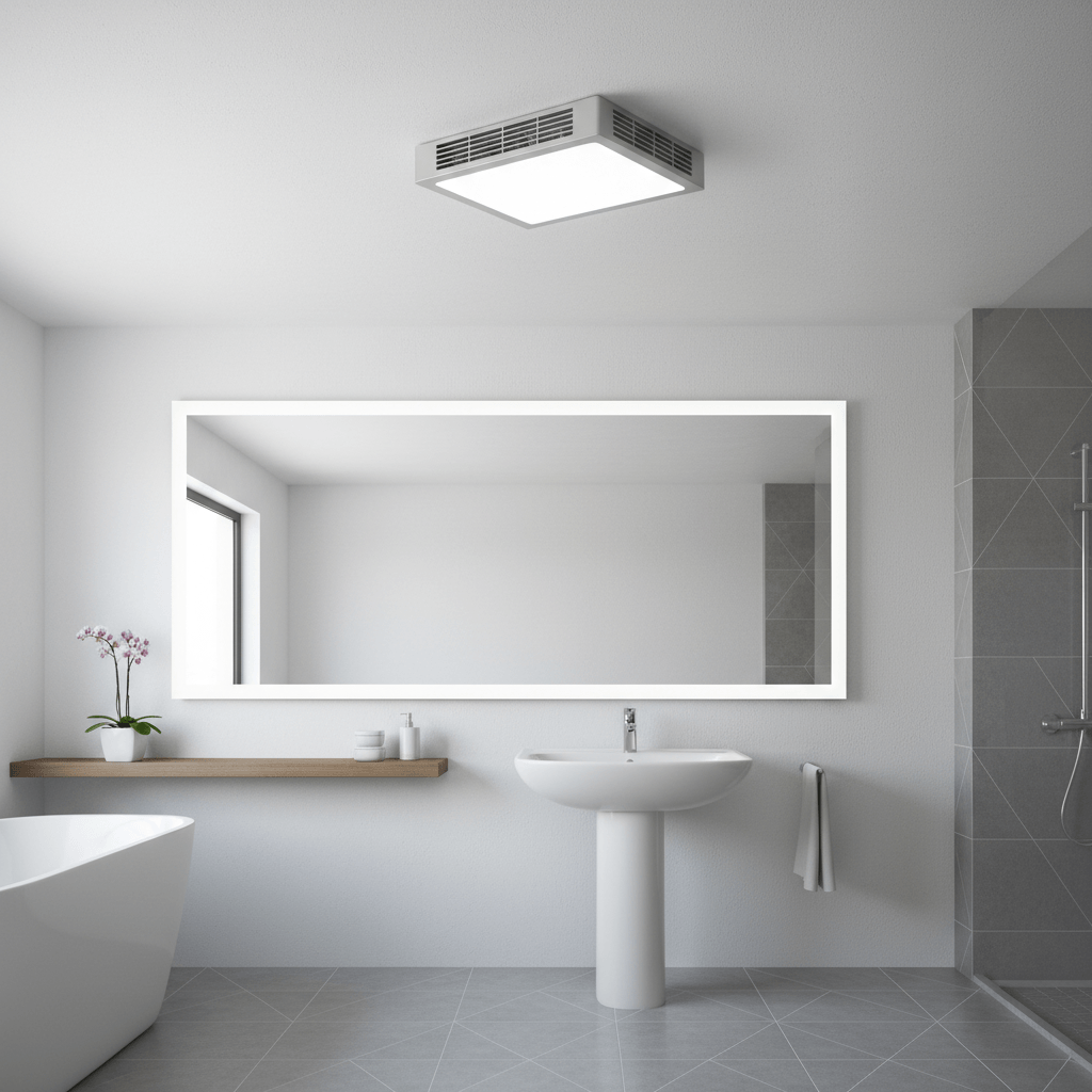 Bathroom exhaust fan with integrated LED light installed in ceiling
