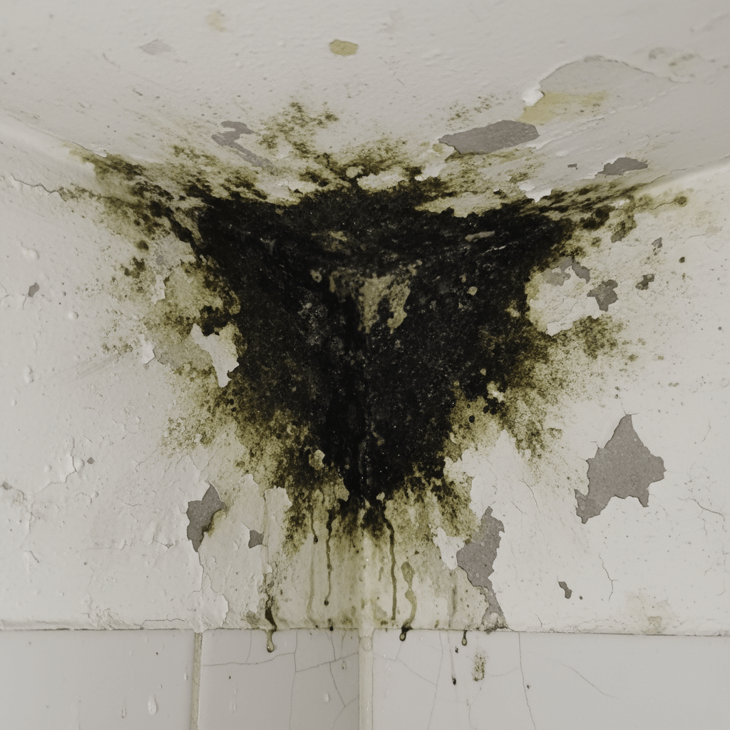 Black mould growth on bathroom ceiling from inadequate ventilation