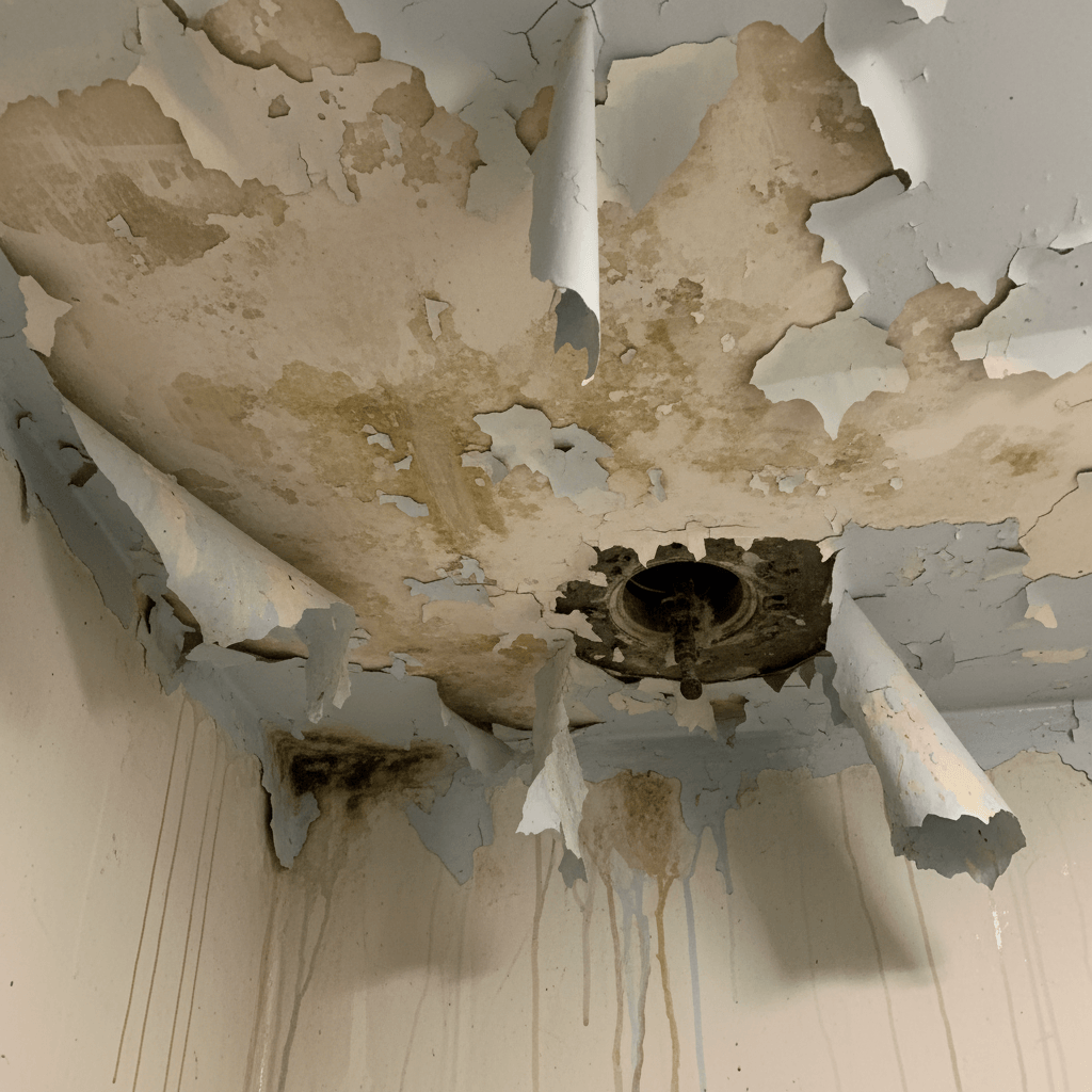 Peeling bathroom ceiling paint caused by moisture damage