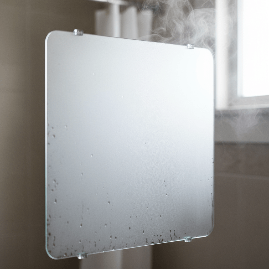 Foggy bathroom mirror showing condensation from poor ventilation