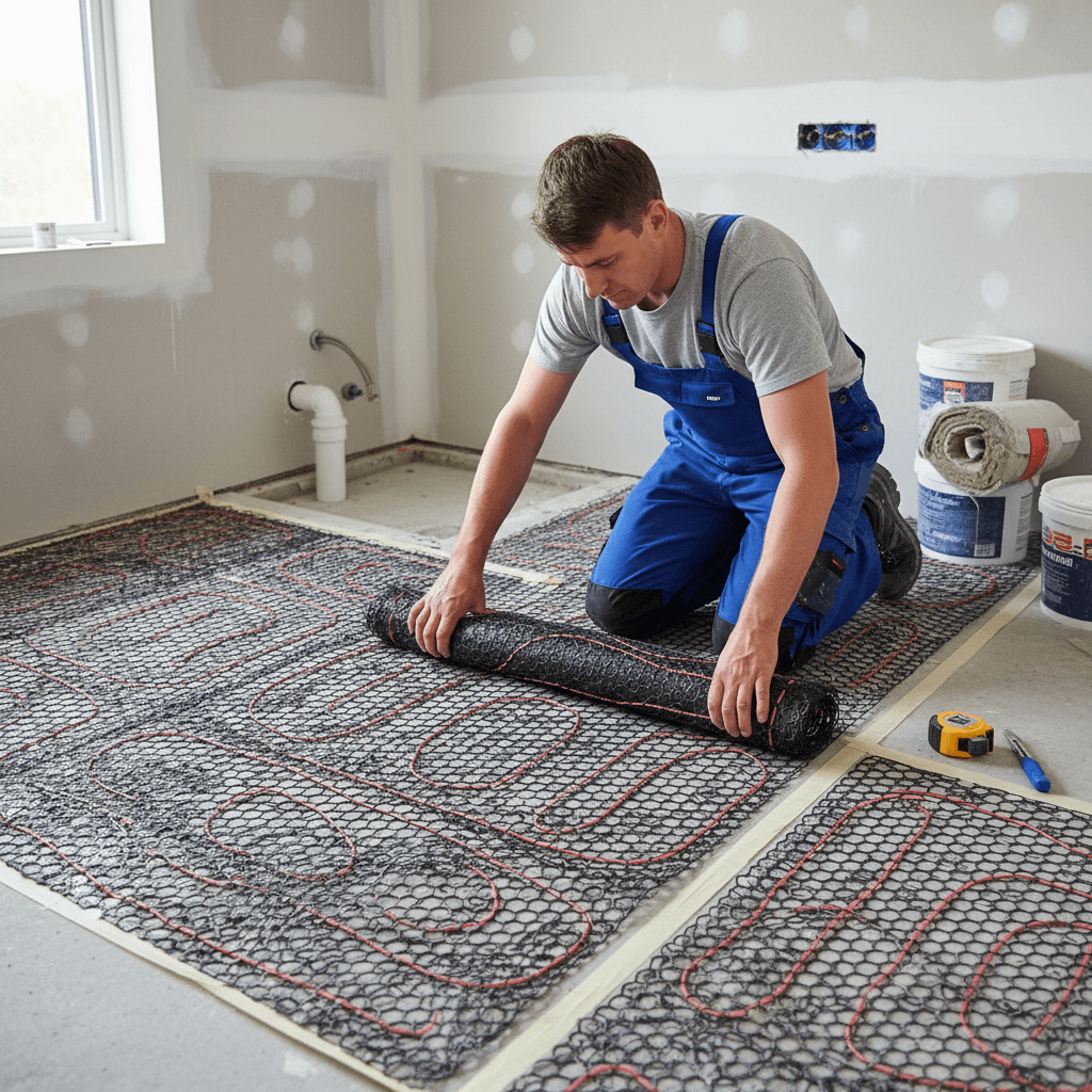 Electric underfloor heating mat being installed on bathroom floor in Christchurch