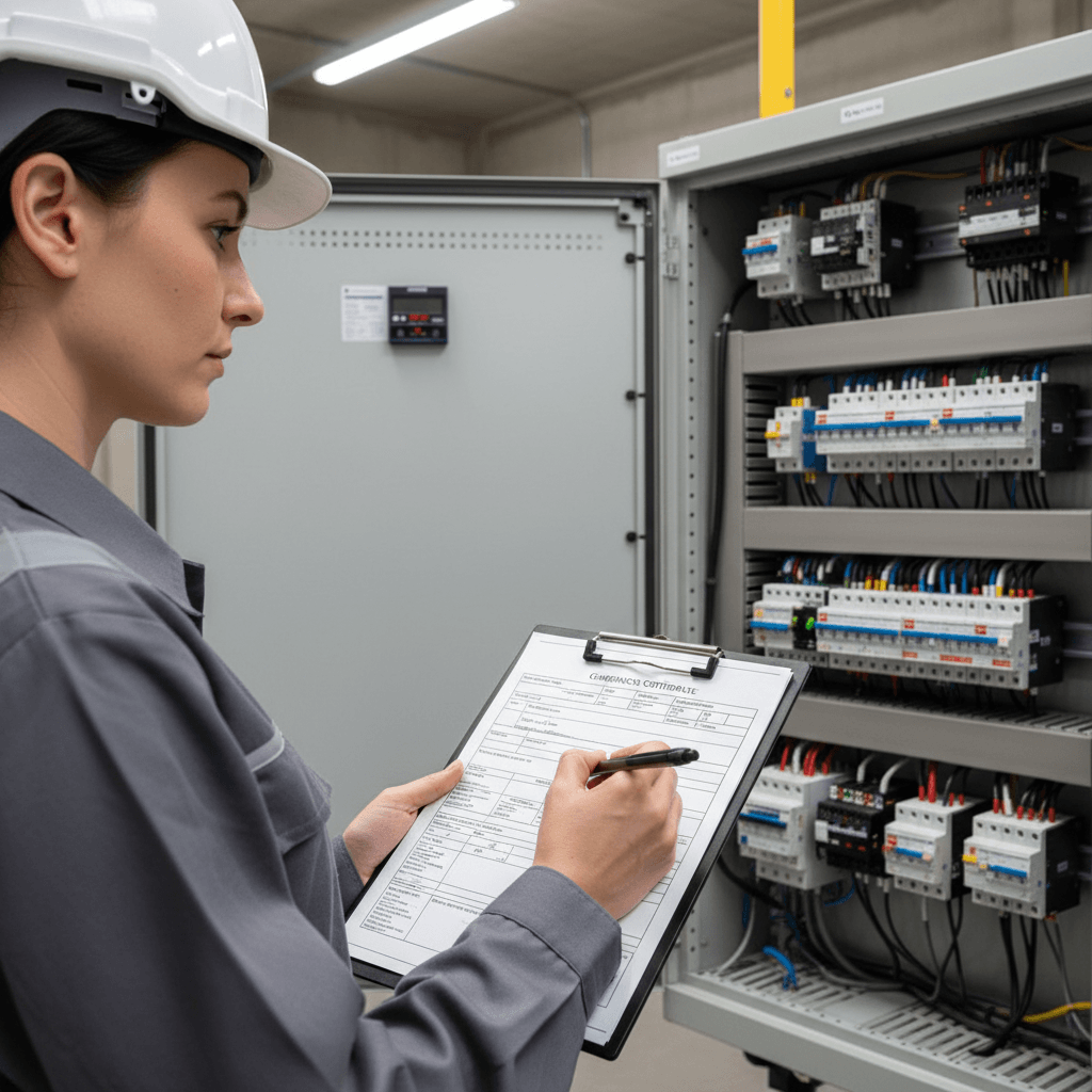 Electrician completing electrical certificate of compliance documentation
