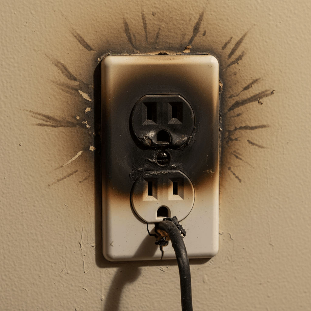 Discoloured and damaged electrical outlet showing signs of overheating
