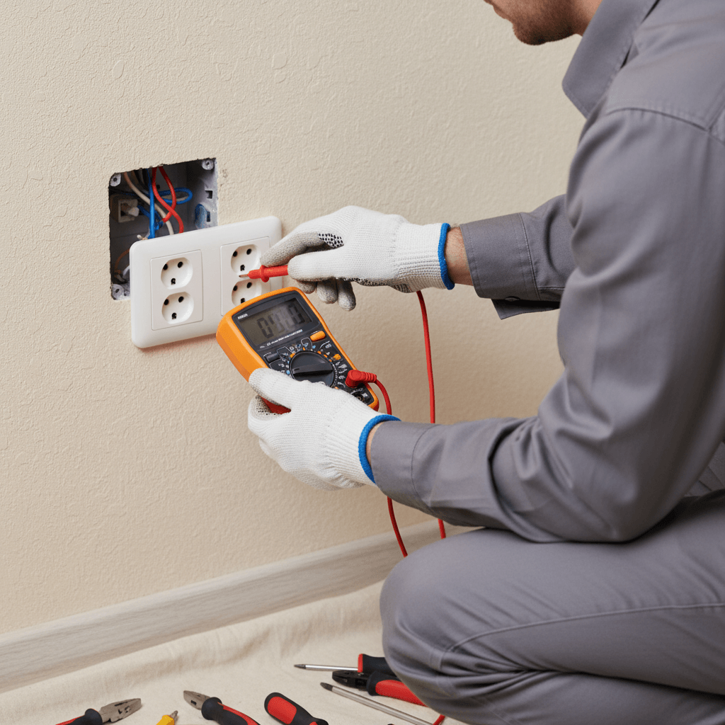 Electrician testing wall outlet with multimeter during fault diagnosis