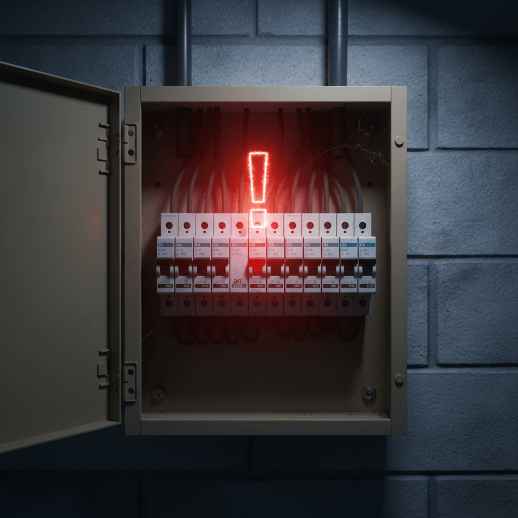 Tripped circuit breaker on residential switchboard indicating electrical fault
