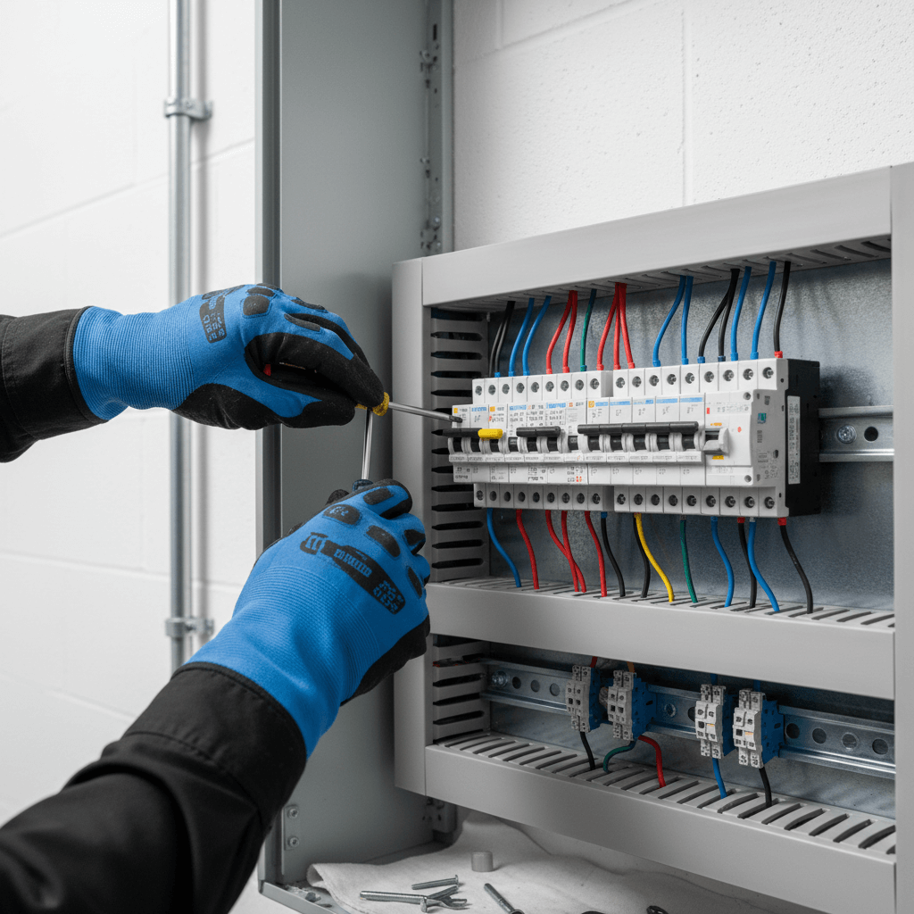 Electrician installing circuit breakers and safety switches during a Christchurch switchboard upgrade