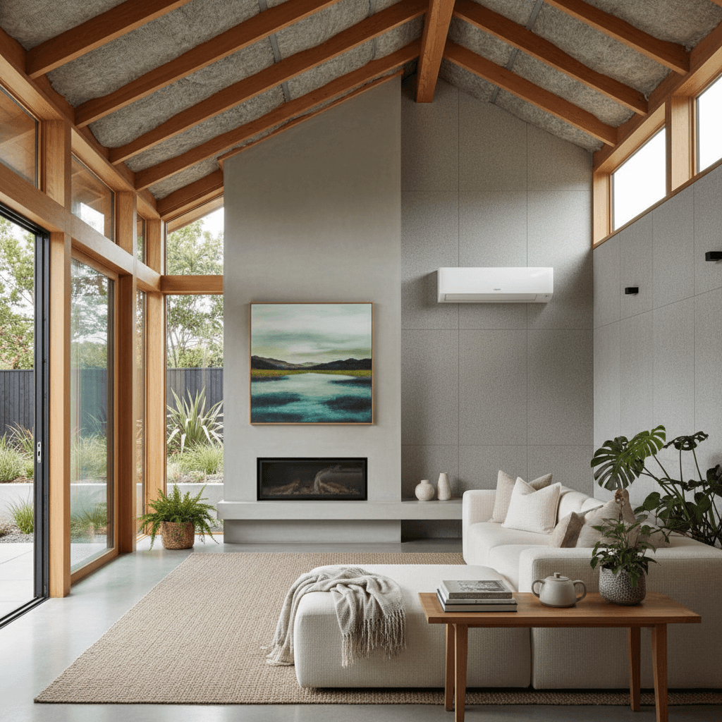 Warm well-lit Christchurch rental property living room with heat pump showing healthy homes compliance