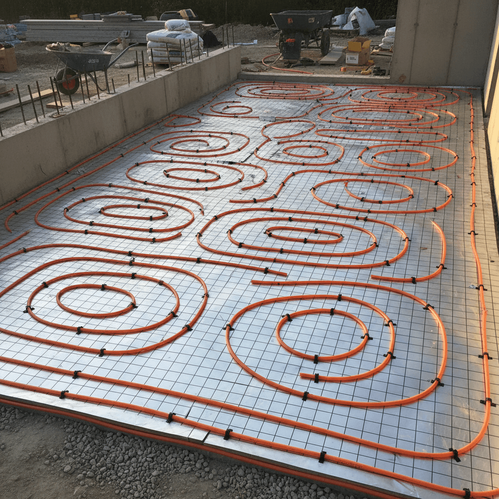 Hydronic underfloor heating pipes laid in loops before concrete pour