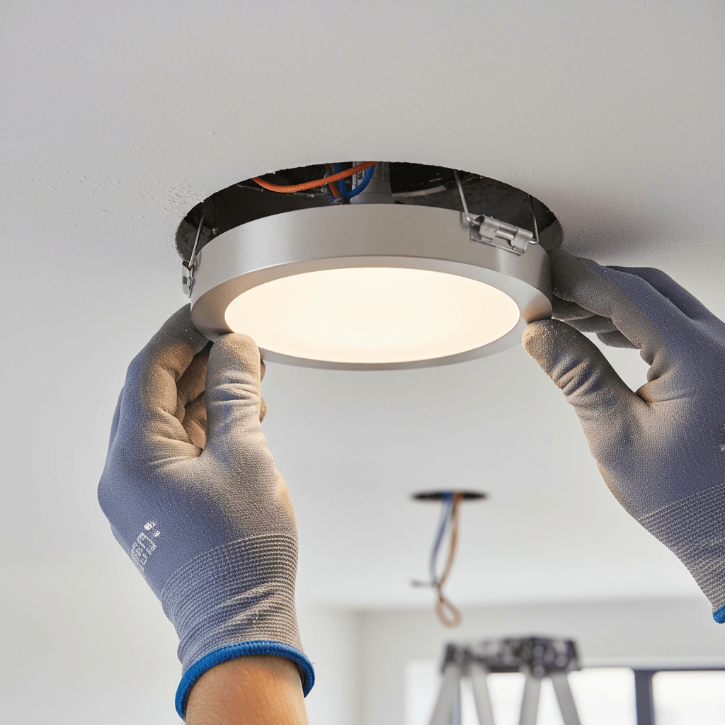 Recessed LED downlight being installed in ceiling by qualified electrician