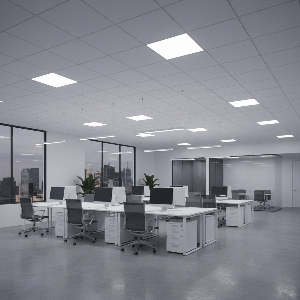 LED panel lights providing bright even lighting in commercial space