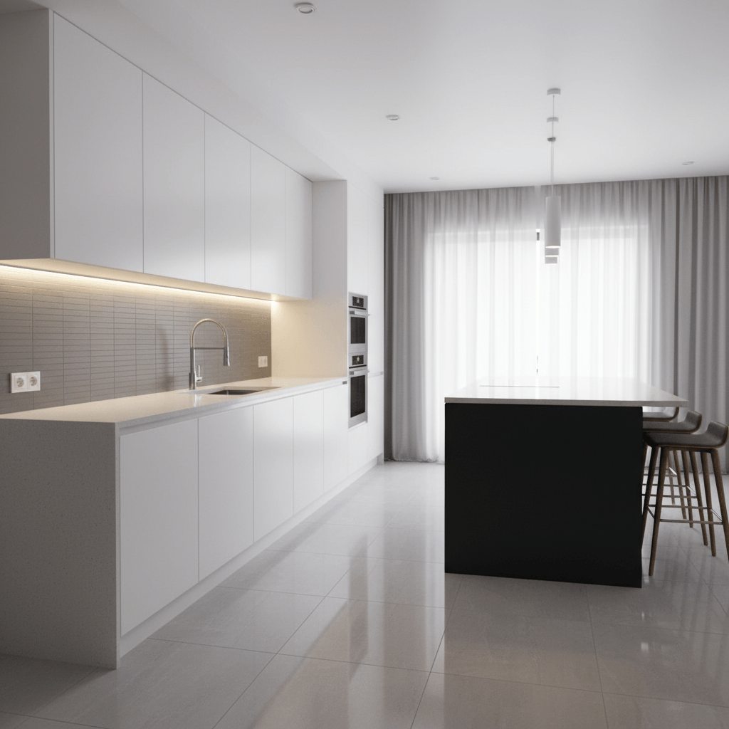 LED strip lighting under kitchen cabinets for ambient illumination