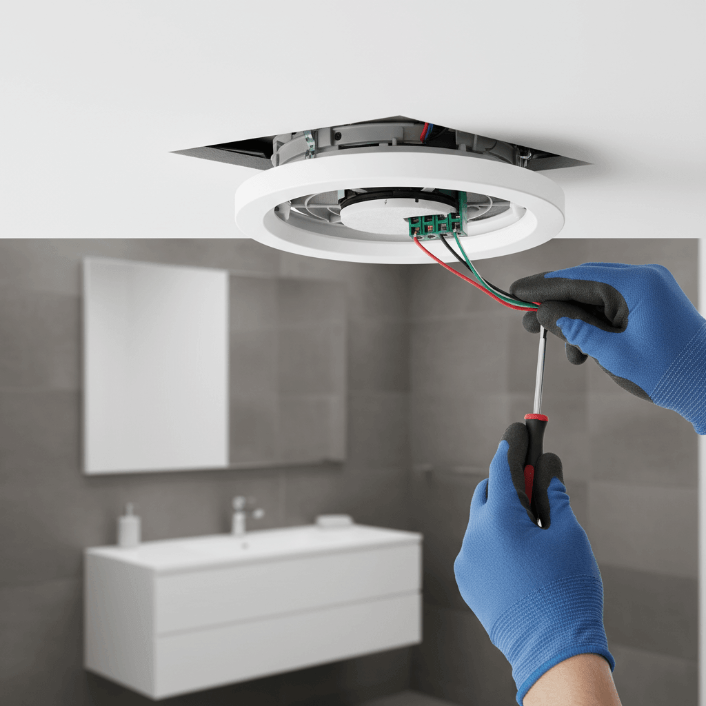 New bathroom extractor fan being installed by qualified electrician