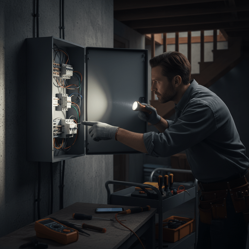 Electrician troubleshooting power outage at main electrical panel