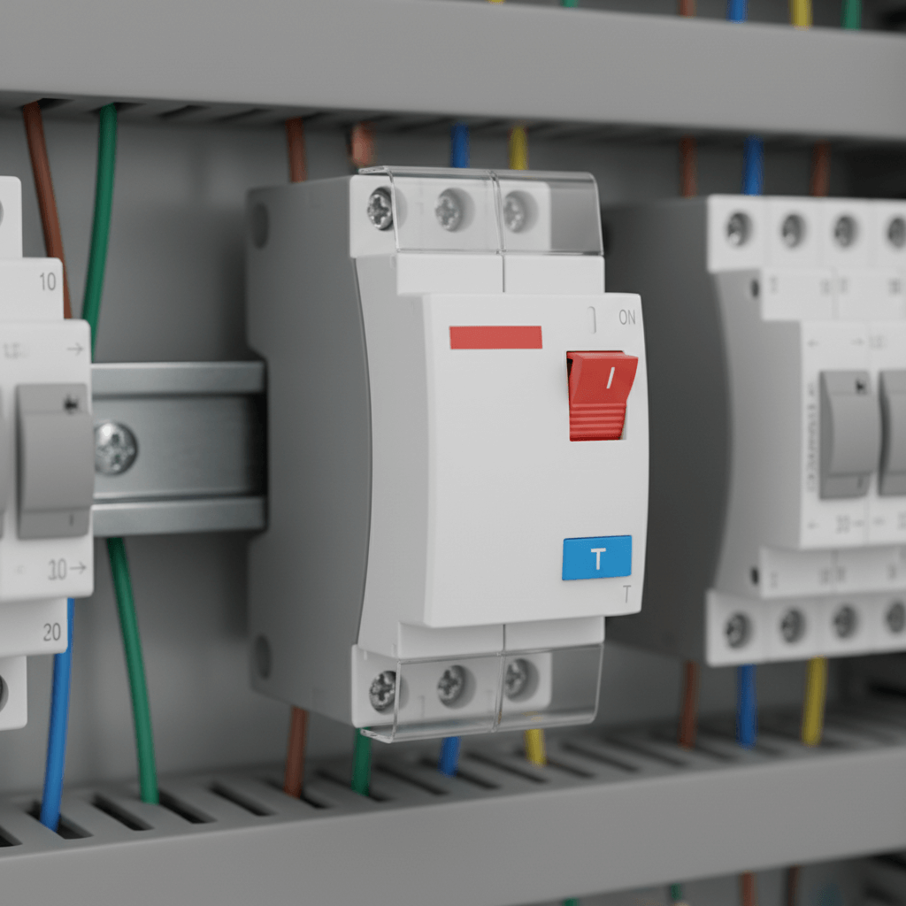 Close-up of an RCD residual current device safety switch on a DIN rail