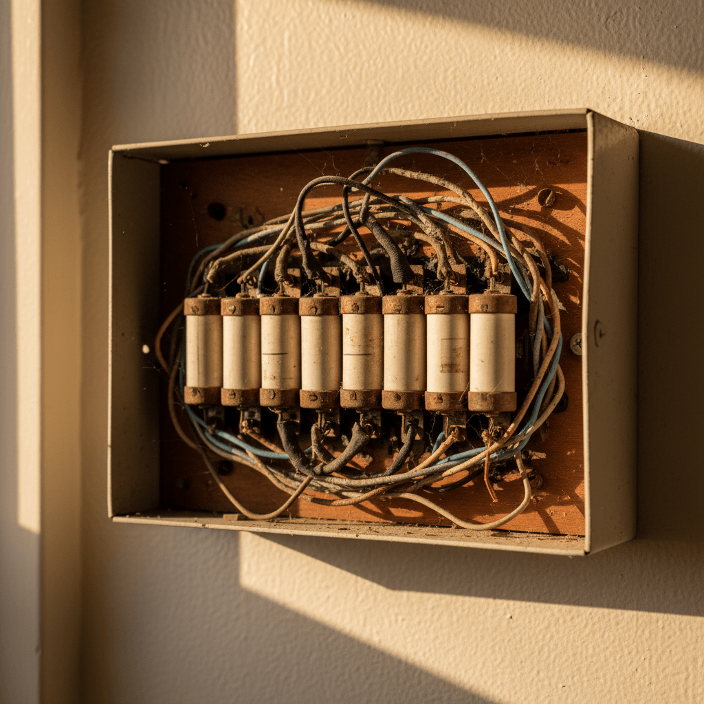 Old outdated switchboard showing signs a Christchurch house needs rewiring