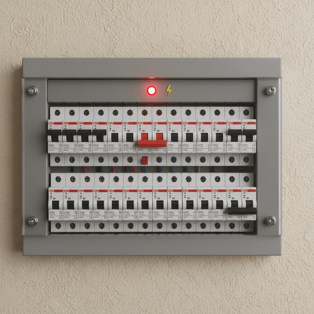 Tripped circuit breaker in residential switchboard indicating electrical fault