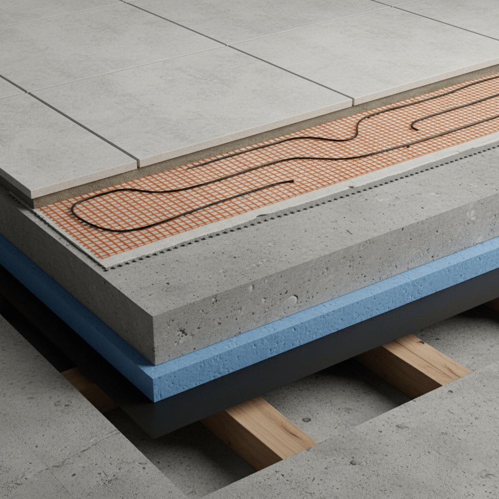 Cross-section of underfloor heating cables installed beneath floor tiles