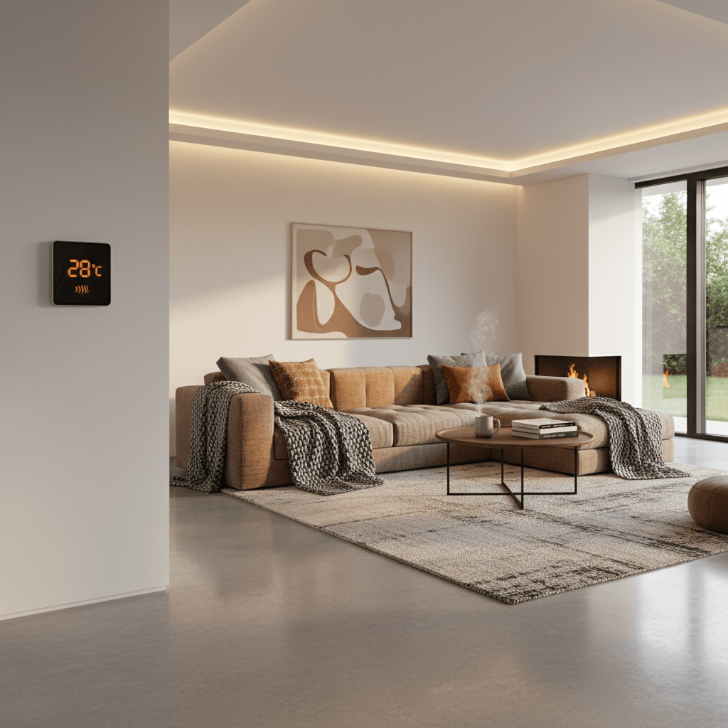 Living room with underfloor heating controlled by wall-mounted thermostat