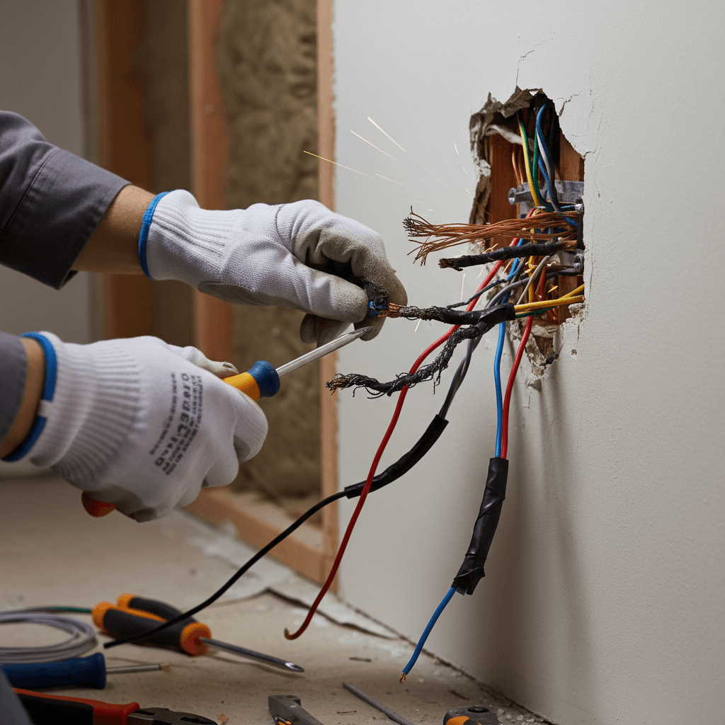 Electrician repairing damaged electrical wiring behind wall plate