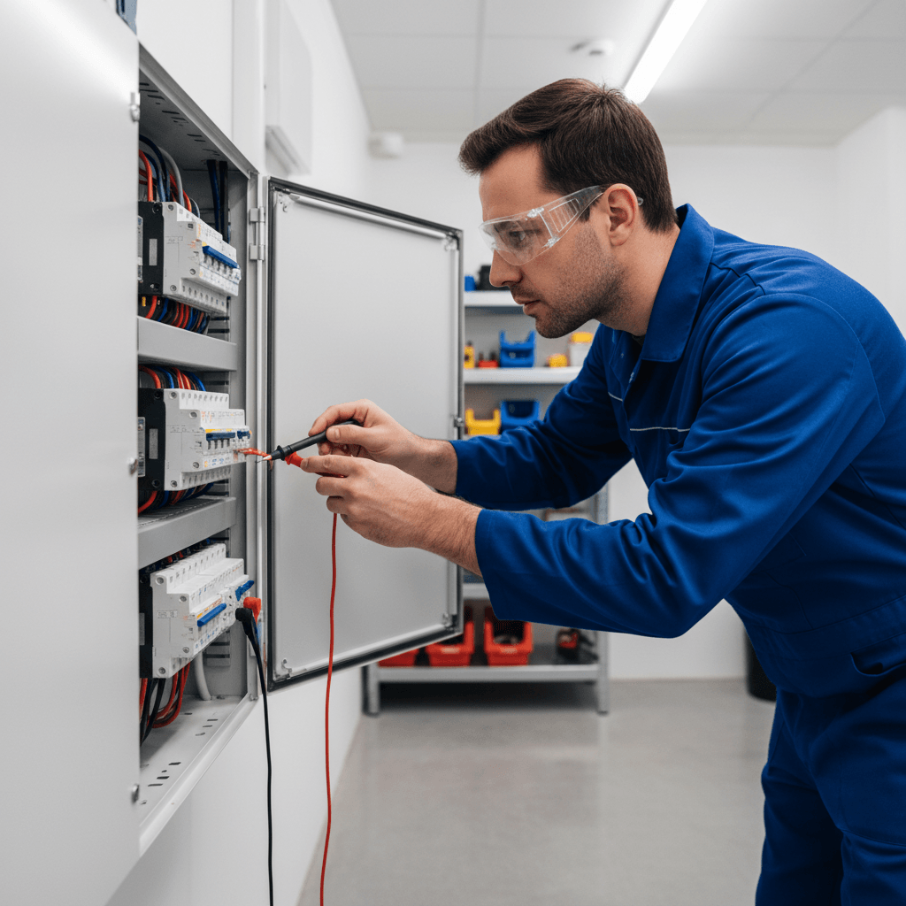 Electrician testing residential switchboard with multimeter in Christchurch