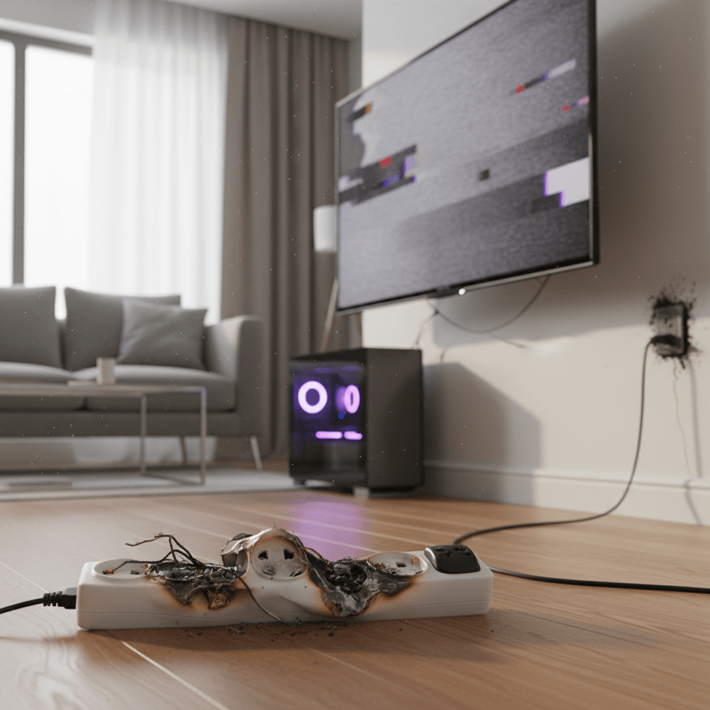 Damaged electronics and power strip after a power surge in a New Zealand home