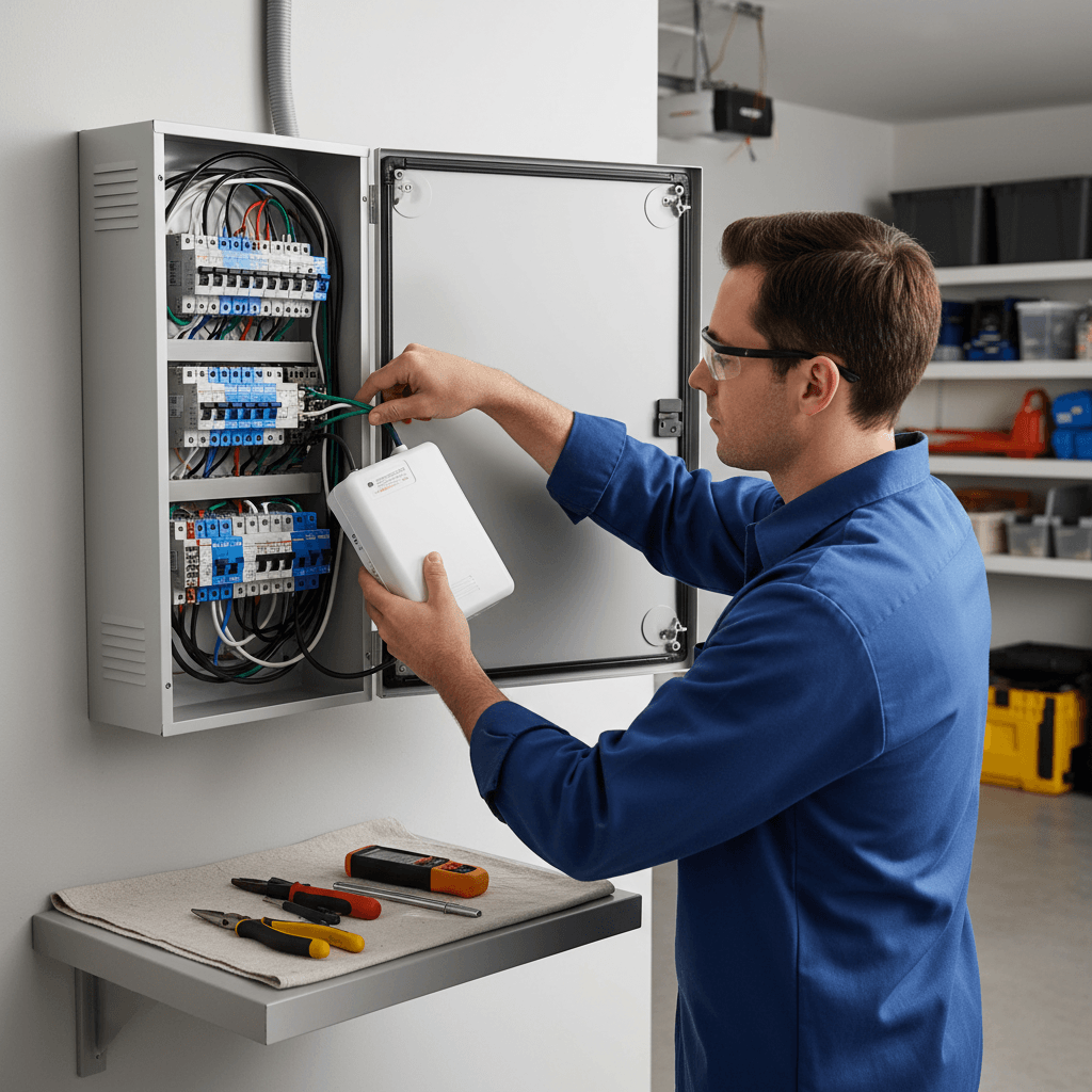 Electrician installing whole-house surge protection device in Christchurch switchboard
