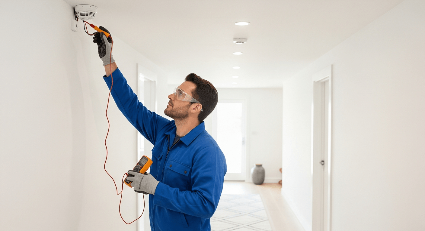 Licensed electrician inspecting hardwired smoke alarm in Christchurch rental property
