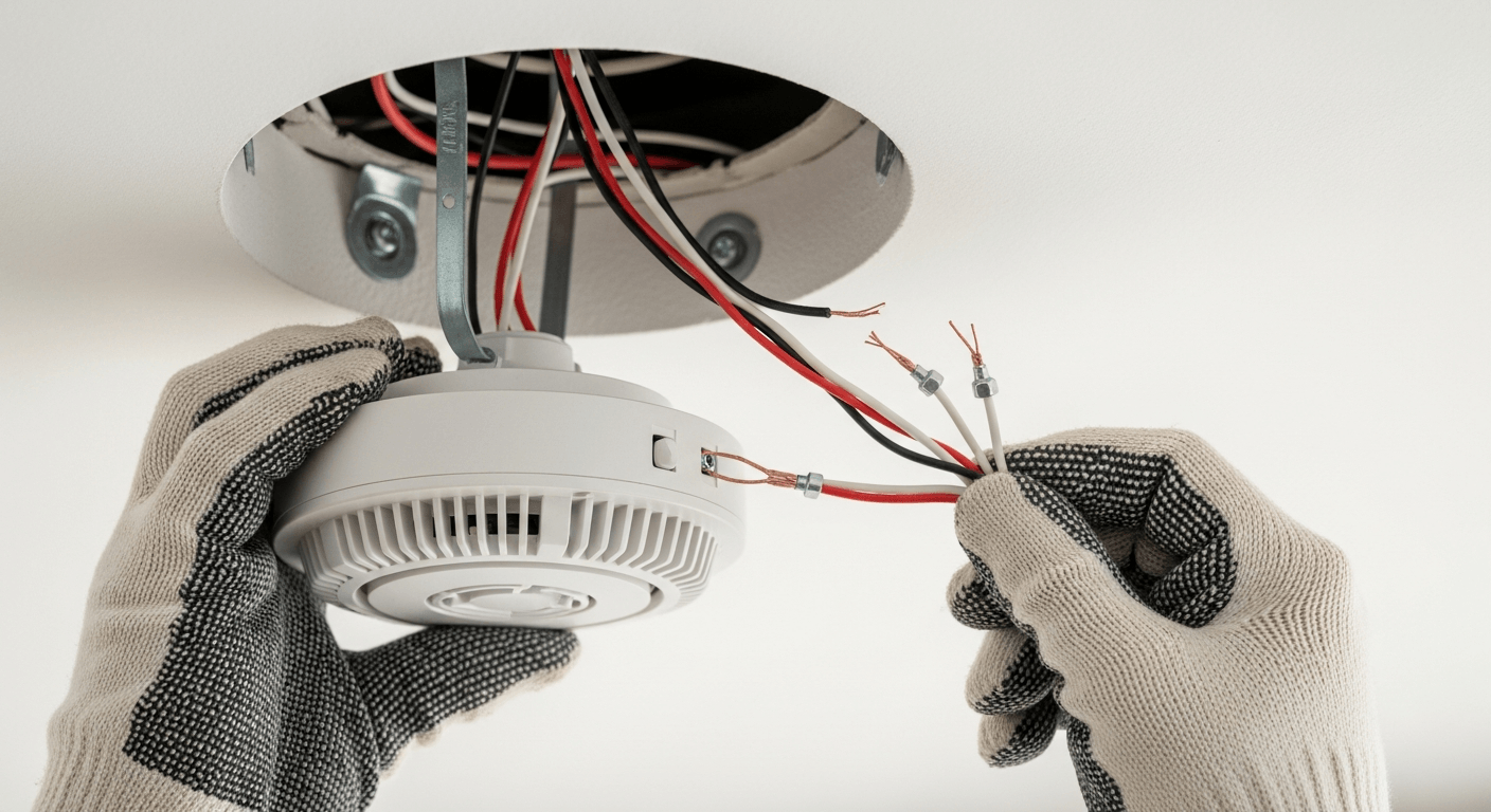 Electrician installing hardwired photoelectric smoke alarm in rental property ceiling