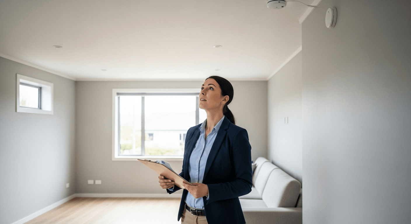 Property manager checking smoke alarm compliance in New Zealand rental property