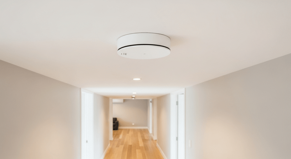 Modern photoelectric smoke alarm installed on ceiling of New Zealand rental property