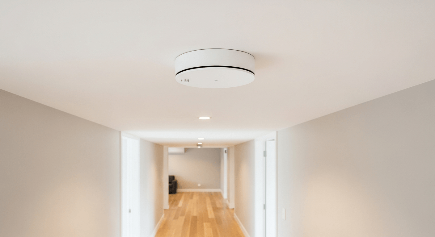 Modern photoelectric smoke alarm installed on ceiling of New Zealand rental property