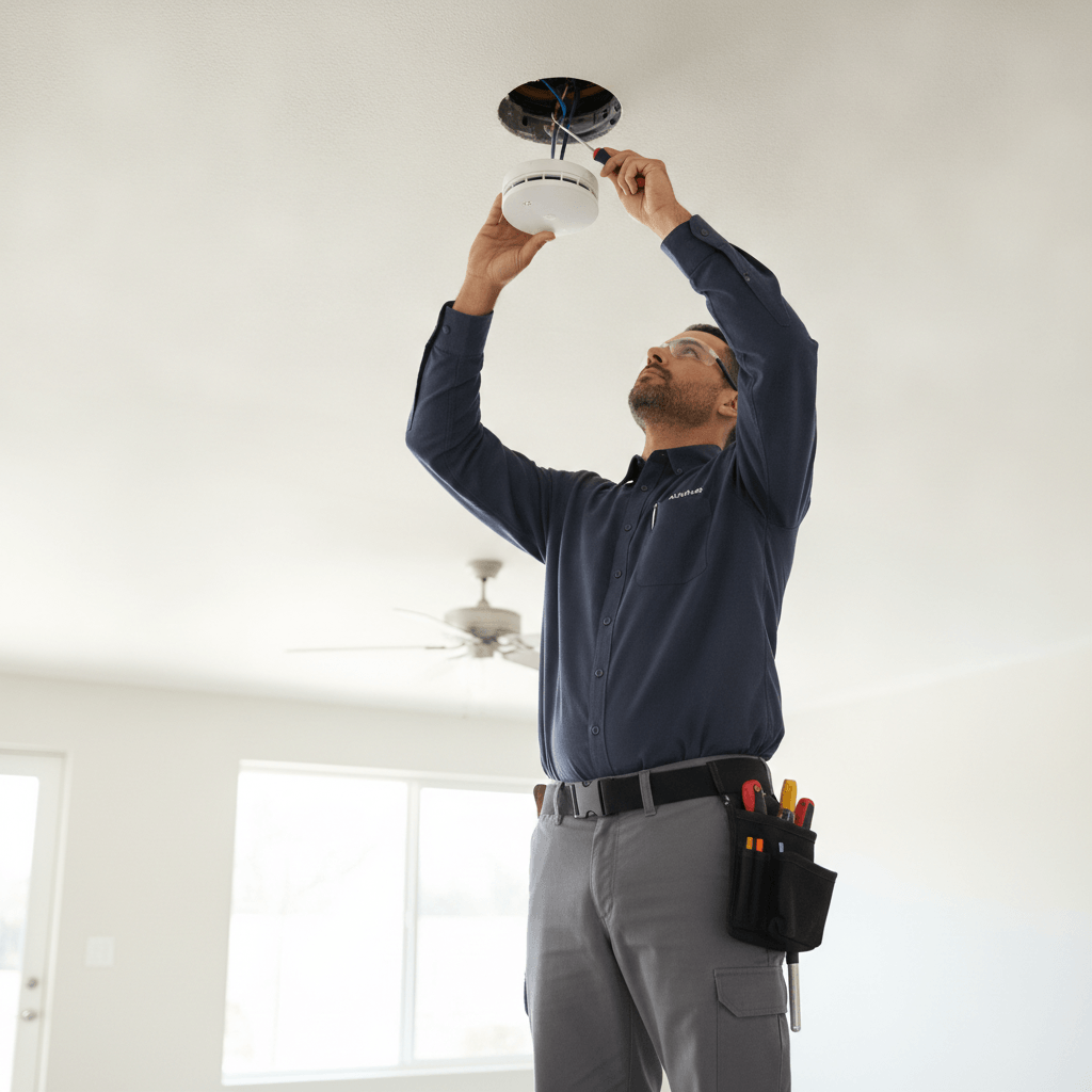 Electrician installing hardwired smoke alarm on ceiling in Christchurch home