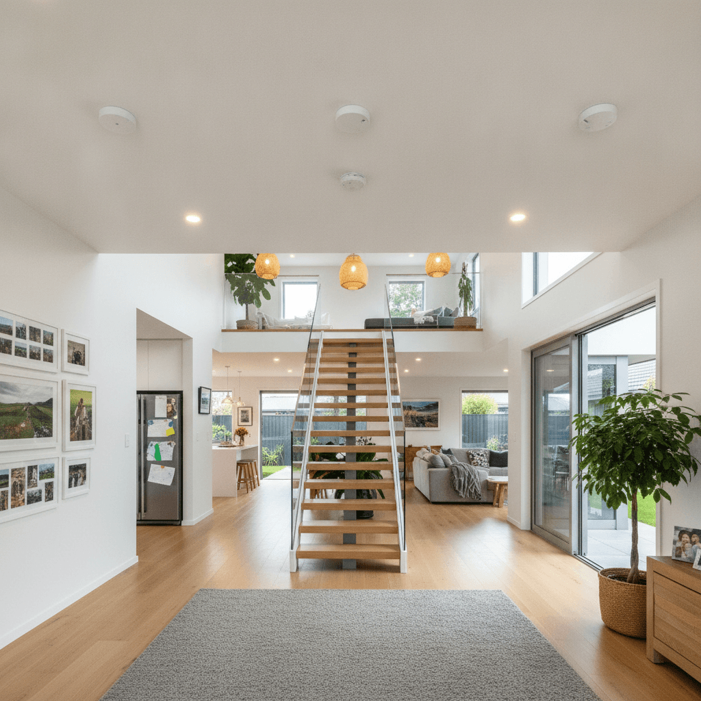 Interconnected smoke alarm system in a two storey New Zealand home