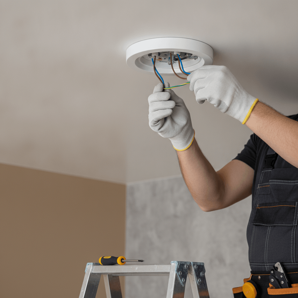 Electrician replacing a standard ceiling light fitting in a NZ home